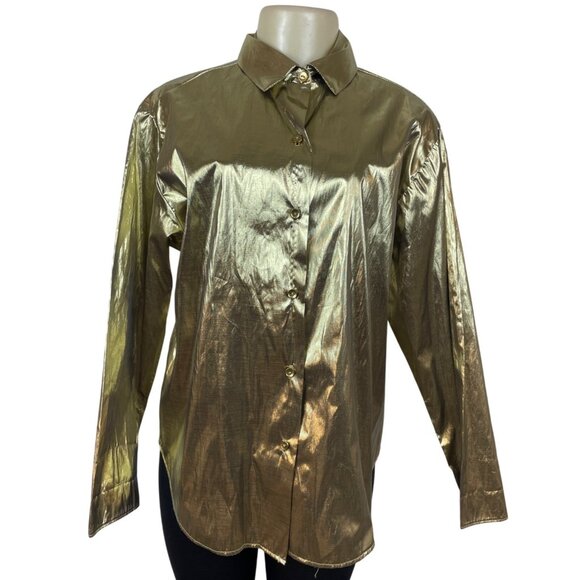 Gold Metallic Button-Up Shirt By Blair - Picture 1 of 6
